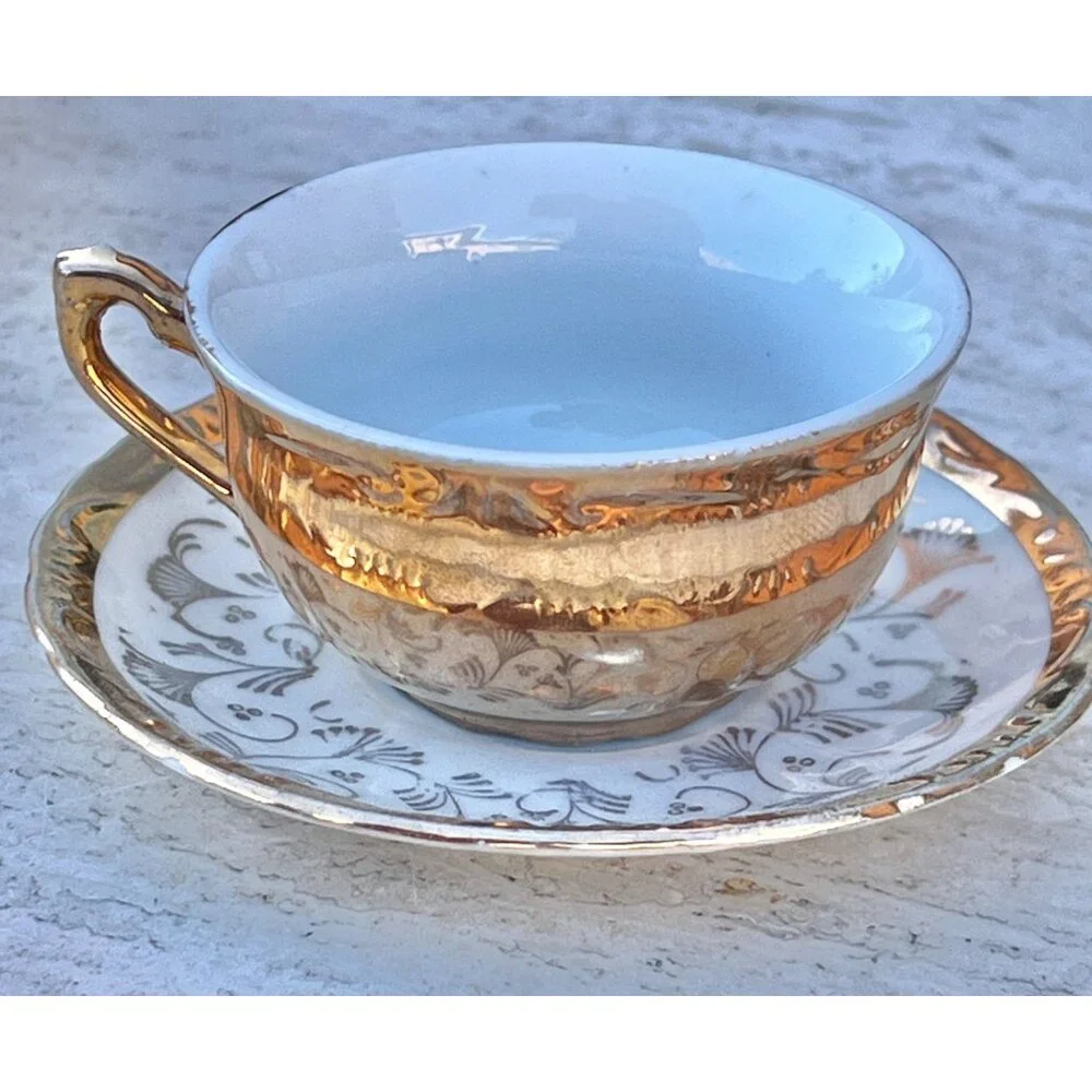 Bavarian Demitasse Teacup & Saucer Gold Trim With Romantic Scene VTG Porcelain